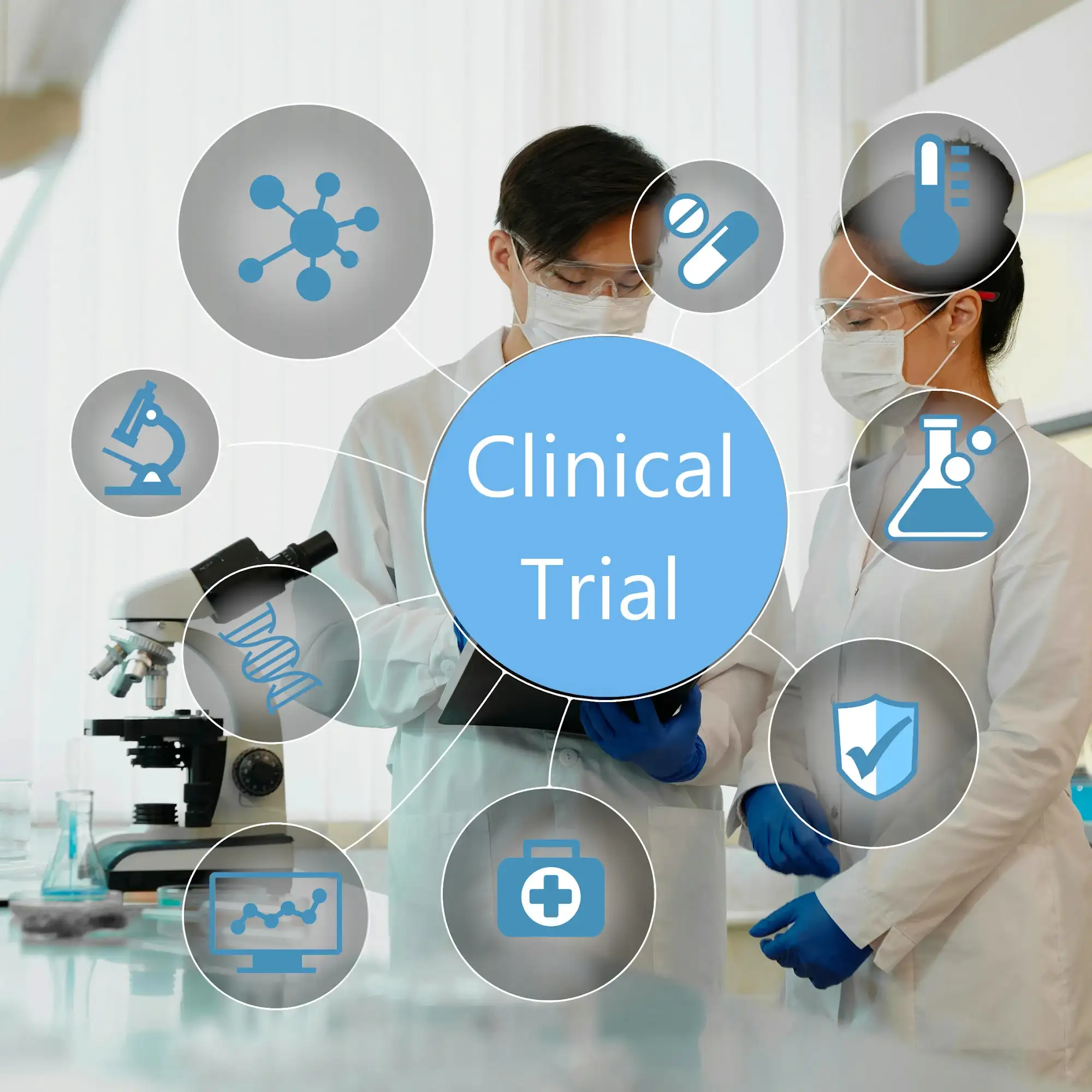 Two scientists in a lab coat reviewing documents, with 'Clinical Trial' and related icons overlaid.